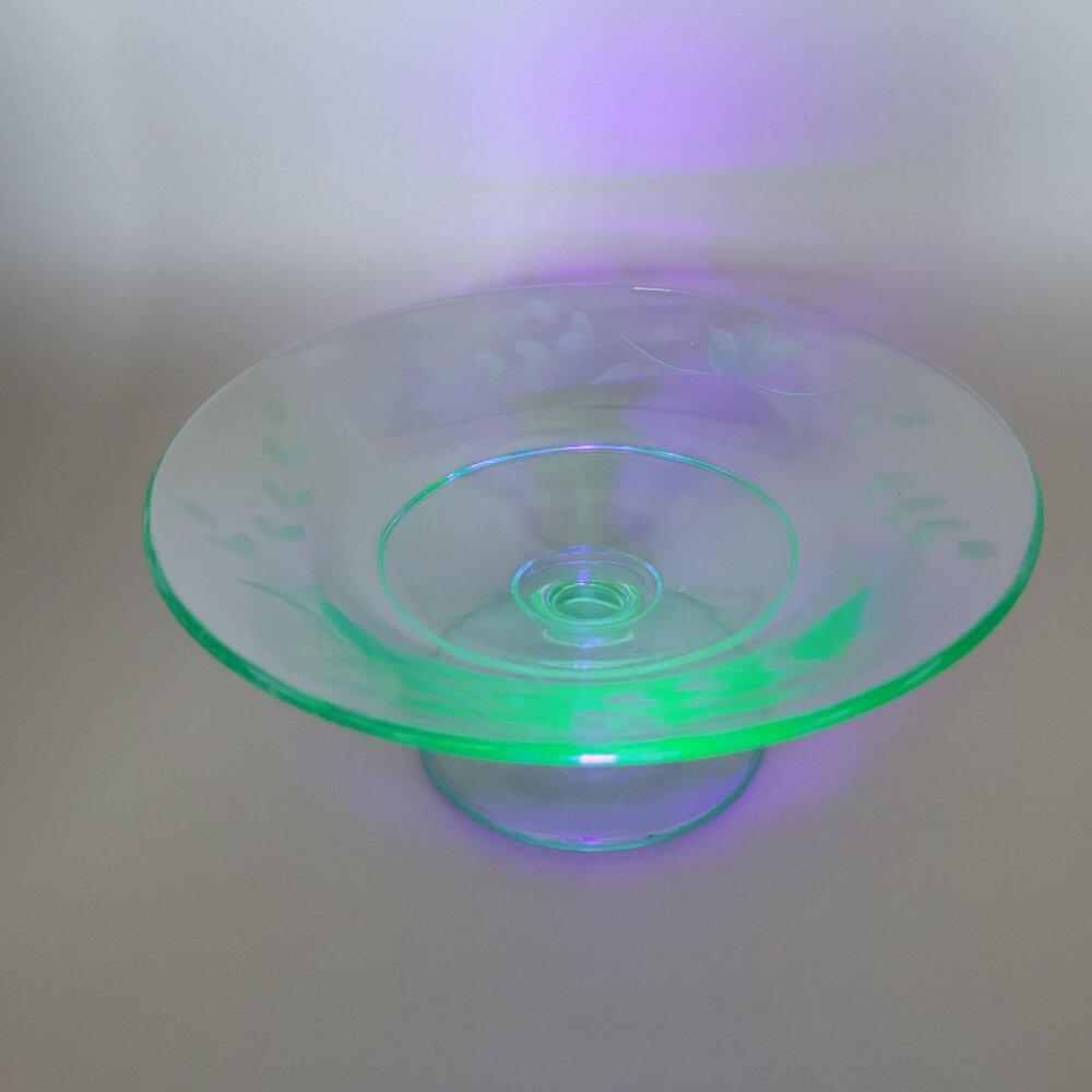 1930s Compote Bowl Etched Green Uranium Glass Glowing Glass